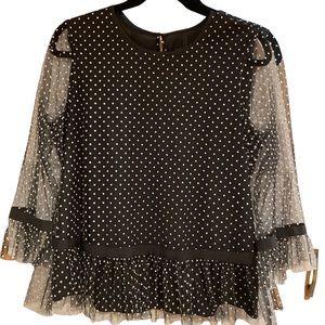 DKNY HOLIDAY top, sheer sleeves, black and white polka dot